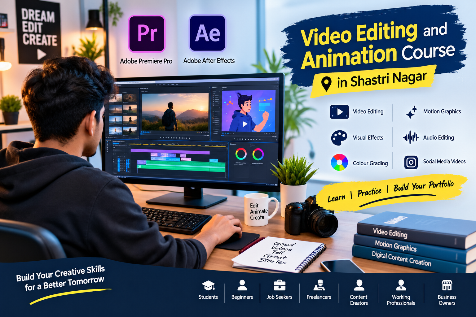 Video Editing and Animation Course in Shastri Nagar Are you searching for a Video Editing and Animation Course in Shastri Nagar to develop creative and practical digital skills? Video editing and animation are widely used to create YouTube videos, Instagram Reels, advertisements, promotional videos, social media content, presentations and digital campaigns. At Brave Teach, learners can gain practical knowledge of video editing, animation, motion graphics and digital content creation. The Video Editing and Animation Course is suitable for students, beginners, freshers, job seekers, freelancers, content creators and working professionals who want to learn and improve their digital skills. Learn Practical Video Editing and Animation Skills The course covers the fundamentals and practical aspects of video editing and animation. Learners can understand the complete video editing process, from importing and organising footage to editing, adding effects, improving audio and exporting the final video. The course also introduces animation and motion graphics techniques that can be used to create engaging and visually appealing videos. Topics Covered in the Course Video Editing Fundamentals Timeline and Sequence Editing Video Cutting and Trimming Transitions and Visual Effects Text and Title Animation Motion Graphics Audio Editing and Sound Effects Colour Correction and Colour Grading Video Compositing Social Media Video Creation YouTube Video Editing Short Videos and Reels Video Export and File Formats Learn Adobe Premiere Pro and After Effects Learners can develop practical editing and animation skills using professional creative software such as Adobe Premiere Pro and Adobe After Effects. Adobe Premiere Pro is widely used for video editing, while Adobe After Effects is commonly used for motion graphics, animation and visual effects. Learners can practise combining video clips, images, graphics, text, music and visual effects to create engaging digital content. Create Videos for YouTube and Social Media Video content is widely used across modern digital platforms. During the course, learners can practise creating different types of videos and understand how content can be prepared for different platforms and formats. Video Content You Can Learn to Create YouTube Videos Instagram Reels Short-form Videos Promotional Videos Product Videos Social Media Advertisements Educational Videos Corporate Videos Animated Explainer Videos Learning different editing techniques and video formats can help learners develop versatile content creation skills. Practical Projects and Portfolio Development At Brave Teach, the course focuses on practical learning through assignments and editing projects. Learners can practise their skills by working on different types of video editing and animation projects. Practical projects can also help learners build a video editing portfolio or showreel that demonstrates their creative and technical skills. Who Can Join This Course? The Video Editing and Animation Course in Shastri Nagar is suitable for: Students Beginners Freshers Job Seekers Freelancers YouTube Creators Social Media Creators Working Professionals Business Owners No prior professional experience is required. Beginners can start with the fundamentals and gradually develop their video editing and animation skills through practice. Career Opportunities After Video Editing and Animation Training After developing video editing and animation skills, learners can explore different career and freelance opportunities based on their skills, portfolio and experience. Some possible roles include: Video Editor Junior Video Editor Motion Graphics Designer Content Creator Social Media Video Editor YouTube Video Editor Freelance Video Editor Multimedia Content Creator Career opportunities can vary depending on individual skills, practical experience, portfolio quality and employer or client requirements. Generated image: Creative Video Editing Studio Course Bannerhttps://braveteach.com/ Why Learn Video Editing and Animation? Video editing and animation combine creativity and technology to create engaging digital content. With regular practice, learners can improve their editing techniques, understand visual storytelling and develop the skills required to work on different types of video projects. Learning video editing and animation can also help students, creators, freelancers and professionals develop a creative portfolio and explore opportunities in digital content creation. Join Video Editing and Animation Course in Shastri Nagar If you are looking for a Video Editing and Animation Course in Shastri Nagar, Brave Teach provides practical training designed to help learners develop video editing, animation, motion graphics and digital content creation skills. Join the Video Editing and Animation Course in Shastri Nagar and start building your creative skills through practical assignments, projects and portfolio development.